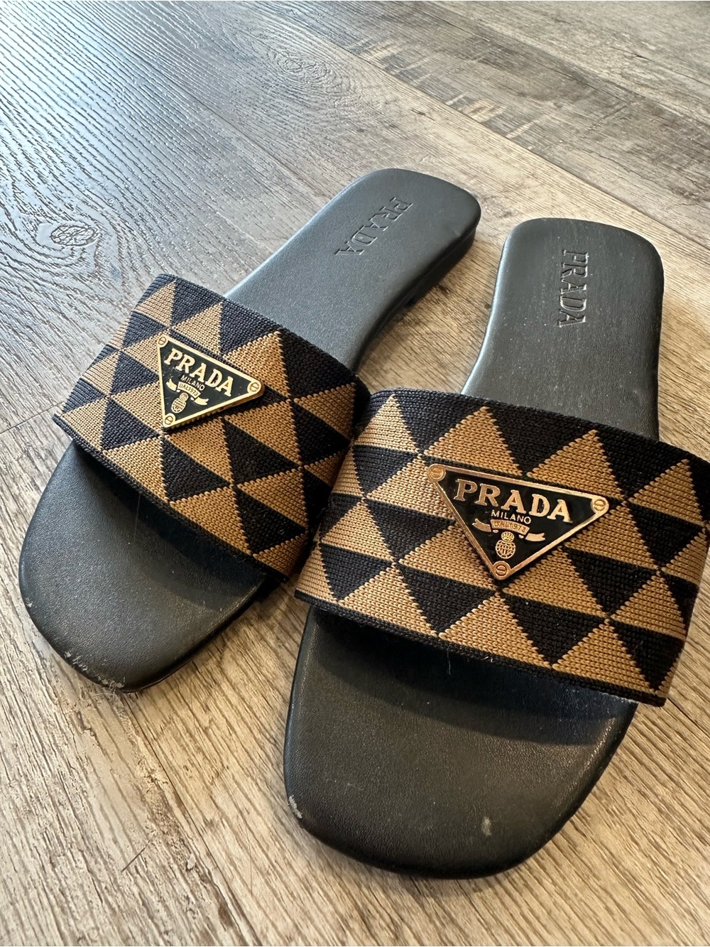 Prada Black and Tan Geometric Logo Slide Sandals